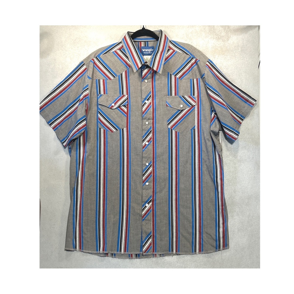 Wrangler Vintage Western Shirt Mens Grey Red Blue Stripe Pearl Snap 2XL Tall